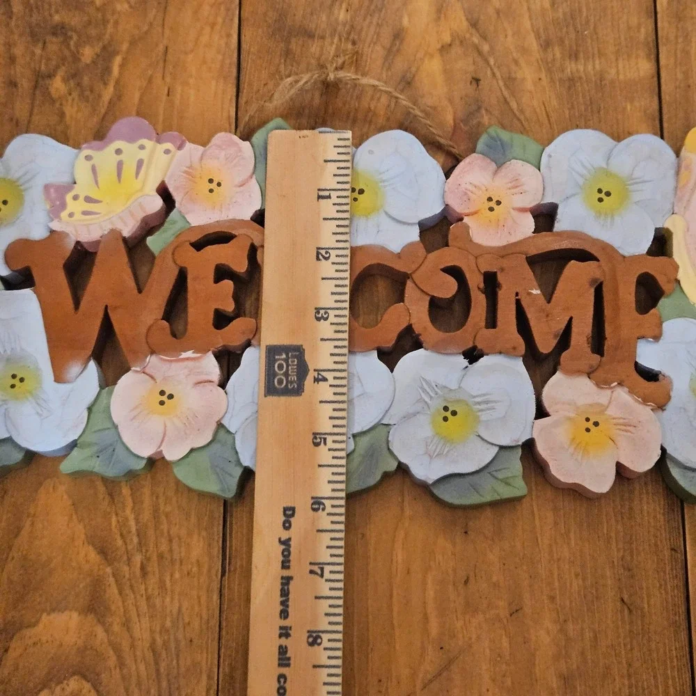 VTG Floral Wooden Welcome‎ Wall Hanging Sign Butterfly Cottagecore Spring Decor